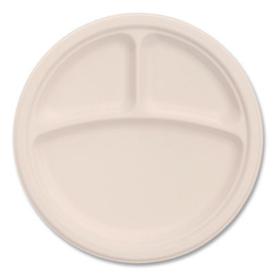DCC9FBRP3 Compostable Molded Fiber Dinnerware, ProPlanet Seal, 3-Compartment Plate, 9" dia, Natural, 500/Carton
