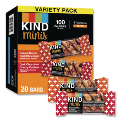 KND43012 Minis Peanut Butter Dark Chocolate and Dark Chocolate Cherry Cashew Variety Pack, 0.74 oz Bar, 20/Box KIND LLC