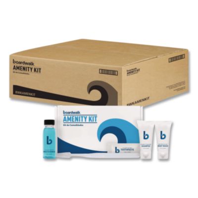 BWKAMENKIT Amenities Kit, Mouth Rinse, Toothbrush, Toothpaste, Body Wash, Shampoo, Green Tea Lemongrass, 12 Kits/Carton