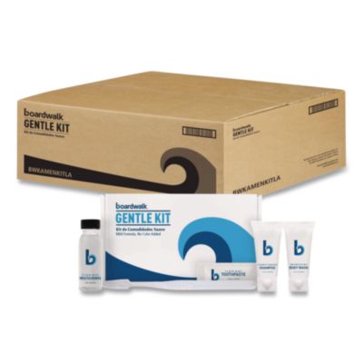 BWKAMENKITLA Amenities Kit, Mouth Rinse, Toothbrush, Toothpaste, Body Wash, Shampoo, Low Allergen, 12 Kits/Carton BOARDWALK