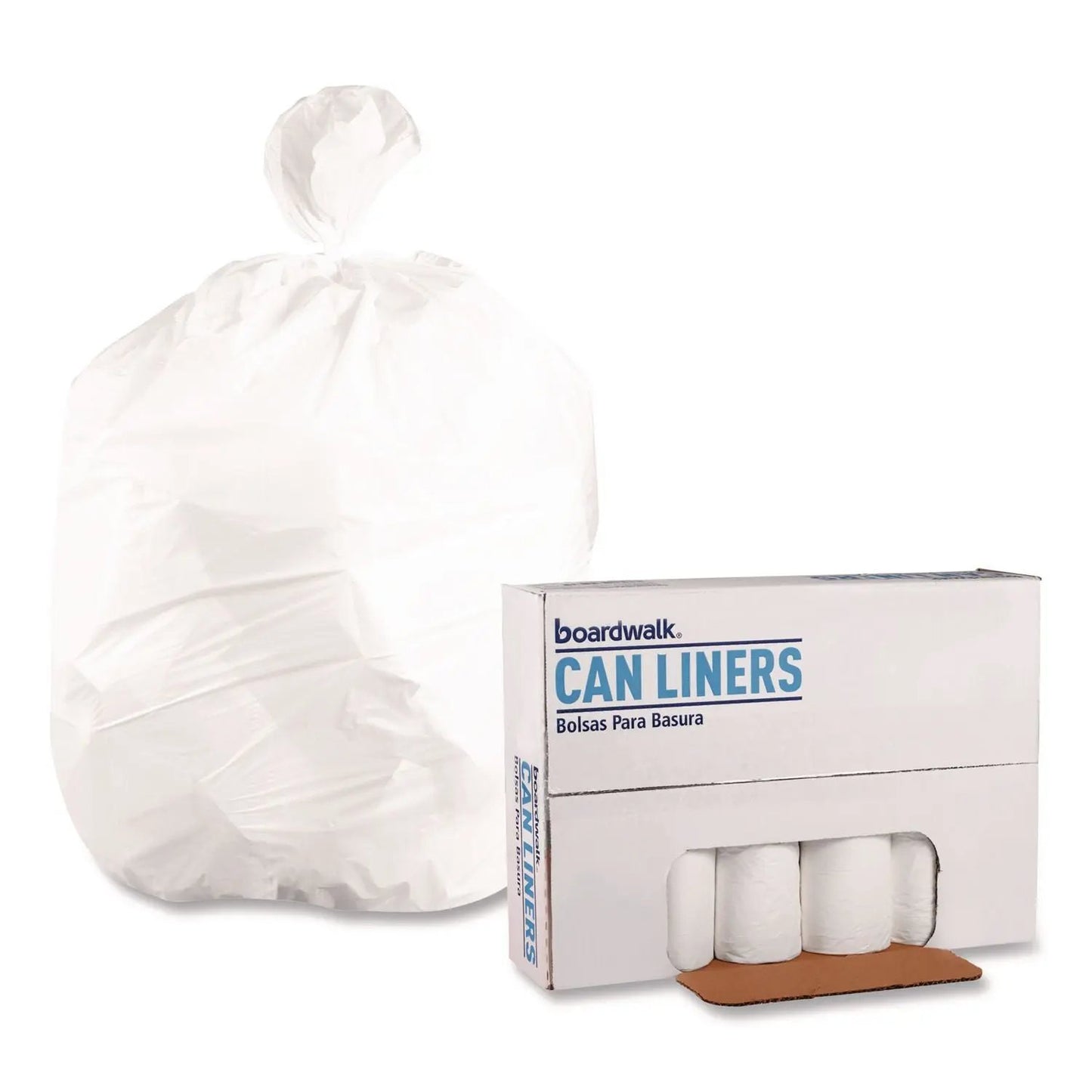 BWK303613 High-Density Can Liners, 30 gal, 10 mic, 30" x 36", Natural, Perforated Roll, 25 Bags/Roll, 20 Rolls/Carton Boardwalk
