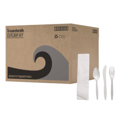 BWKFKTNMWPPWH Four-Piece Cutlery Kit, Mediumweight, Fork/Knife/Napkin/Spoon, Plastic, White, 250/Carton