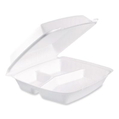 DCC110HT3 Foam Hinged Lid Containers, 3 Compartments, 9.5 x 10.26 x 3.4, White, 200/Carton
