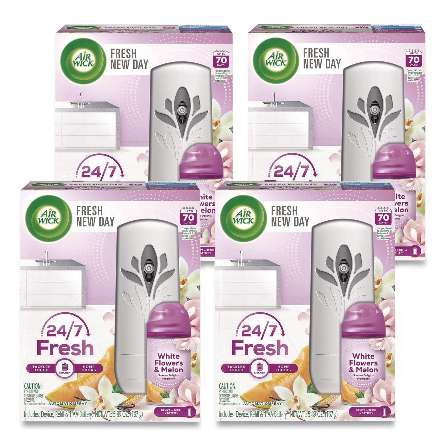 RAC88410 Freshmatic Ultra Automatic Sprayer Starter Kit, 5.89 oz, White Flowers and Melon Summer Delights, Asst Dispenser Color, 4/CT Air Wick