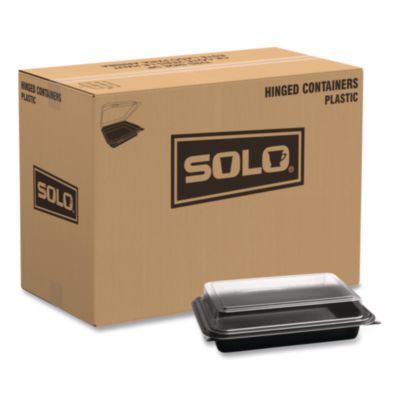 SCC844012PM94 Creative Carryouts Hinged Plastic Hot Deli Boxes, 8.75 X 6.2 X 2.2, Black/clear, 200/carton