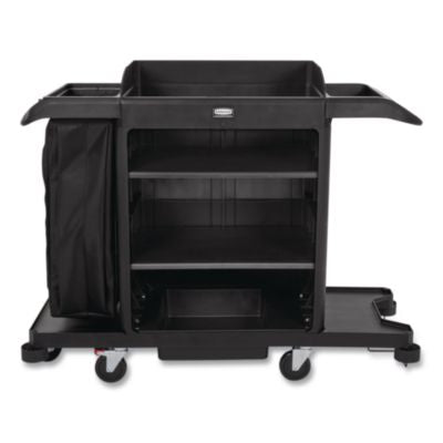 RCP2202581 Full-Size Housekeeping Cart, Plastic, 3 Shelves, 1 Bin, 24.4 x 62.4 x 49, Black RUBBERMAID COMMERCIAL PROD.
