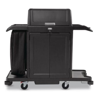 RCP2202587 Housekeeping Cart with Hood and Doors, Plastic, 4 Shelves,1 Bin, 24.4 x 62.4 x 56.9, Black RUBBERMAID COMMERCIAL PROD.