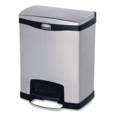 RCP1901985 Slim Jim Stainless Steel Step-On Container, Front Step Style, 8 gal, Stainless Steel, Black RUBBERMAID COMMERCIAL PROD.