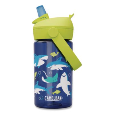 WLB2860403041 Thrive FlipStraw Plastic Water Bottle, 14 oz, Blue/Yellow, Sharks and Rays