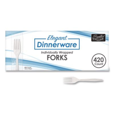 BSQ90185 Elegant Dinnerware Heavyweight Cutlery, Individually Wrapped, Fork, Plastic, White, 420/Box