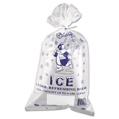 IBSIC1120 Ice Bags with Twist-Ties, Ice: Penguin Icon Labeling, 8 lb Capacity, 11" x 20", Clear, 1,000/Carton INTEGRATED BAGGING SYSTEMS