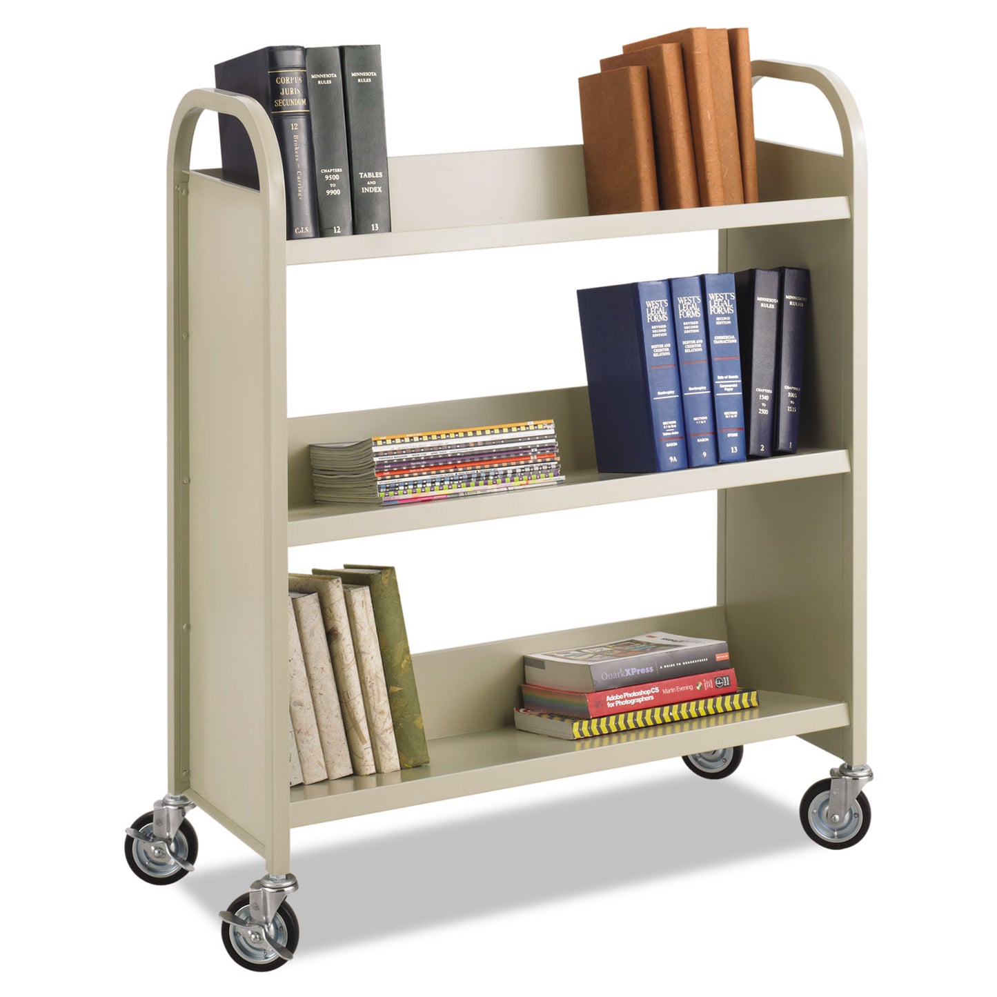 SAF5358SA Steel Single-Sided Book Cart, Metal, 3 Shelves, 300 lb Capacity, 36" x 14.5" x 43.5", Sand