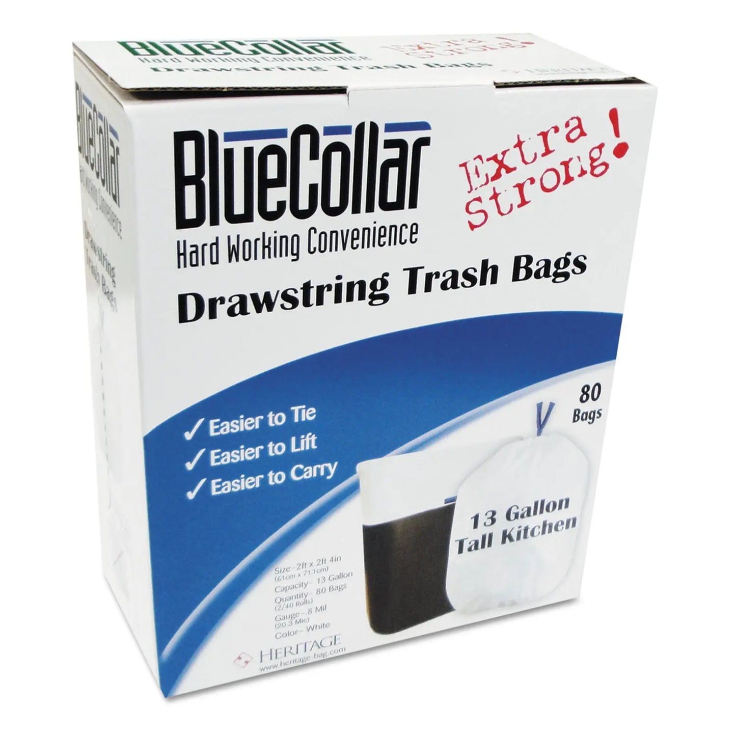 HERN4828EWRC1 Drawstring Trash Bags, Drawstring, 13 gal, 24" x 28", White, 40 Bags/Roll, 2 Rolls/Box BlueCollar