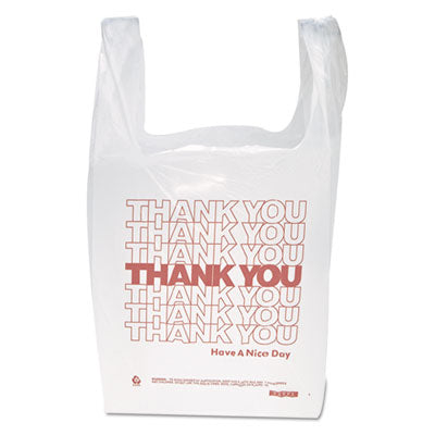 IBSTHW1VAL "Thank You" Handled T-Shirt Bag, Have a Nice Day Labeling, Cut-Out Handles, 11.5" x 6.5" x 21", White/Red, 900/Carton INTEGRATED BAGGING SYSTEMS