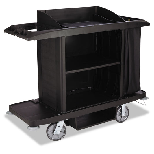 RCPFG618900BLA Housekeeping Cart, Plastic, 3 Shelves, 2 Bins, 22" x 60" x 50", Black