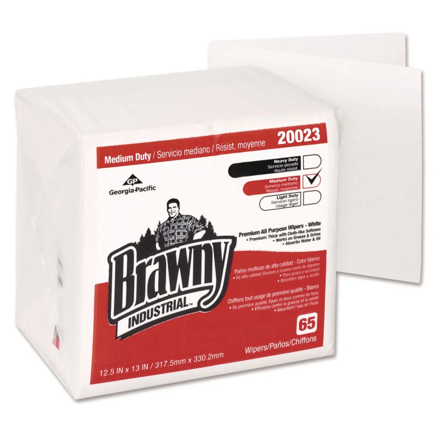 GPC20023 Medium Duty Premium DRC 1/4 Fold Wipers, 1-Ply, 13 x 12.5, Unscented, White, 65/Pack Brawny Professional
