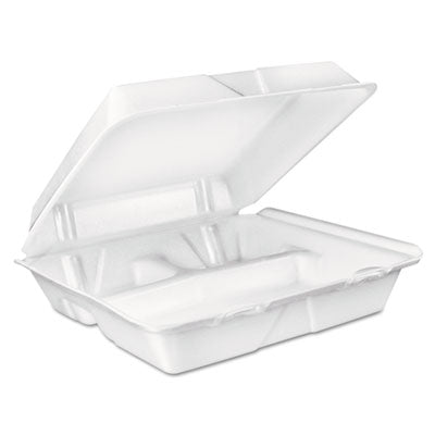 DCC90HT3R Foam Hinged Lid Container, 3 Compartments, 8 oz, 9 x 9.4 x 3, White, 100/Sleeve, 2 Sleeves/Carton DART