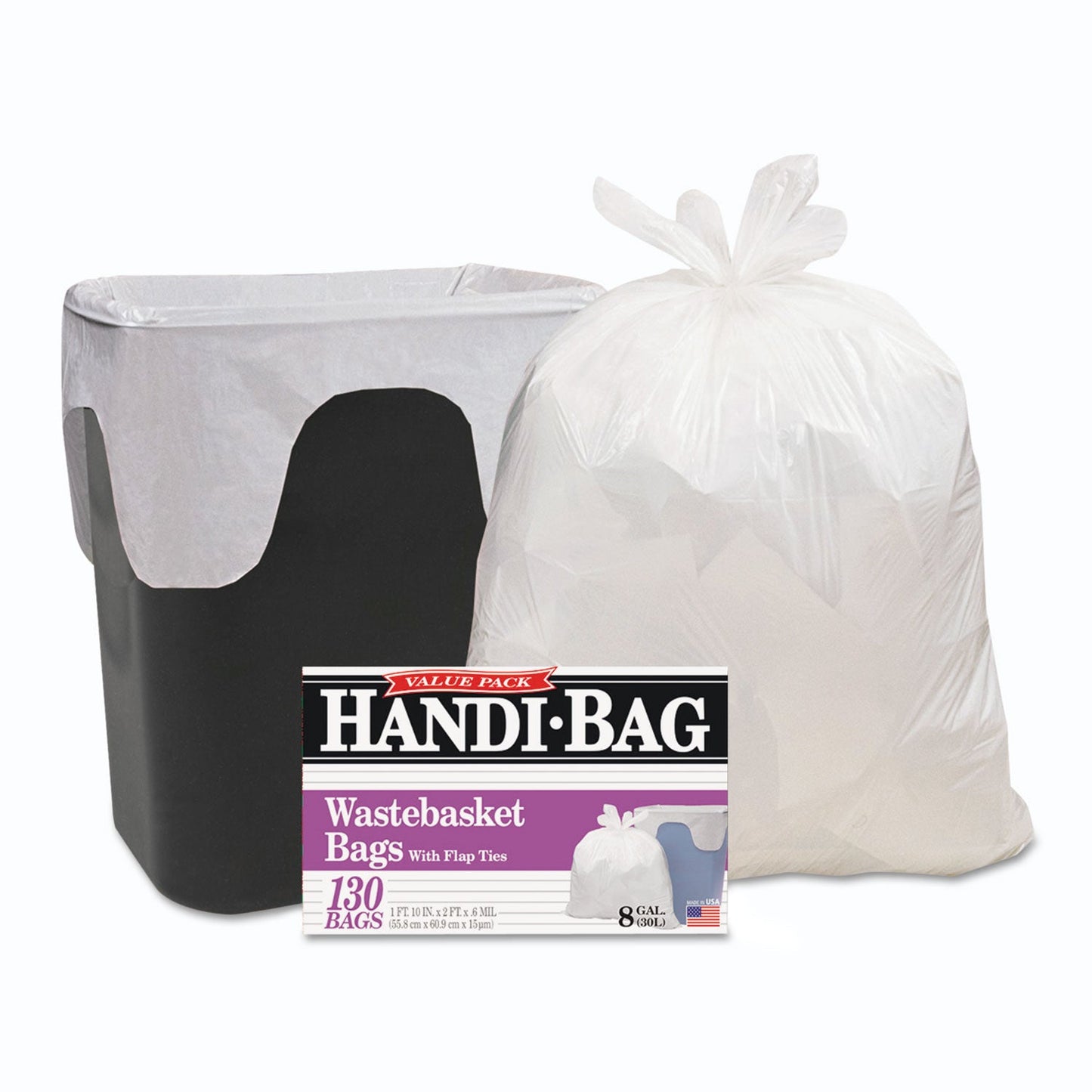 WBIHAB6FW130 Super Value Pack Can Liners, 8 Gal, 0.6 mil, 22" x 24", White, 130/Box Handi-Bag
