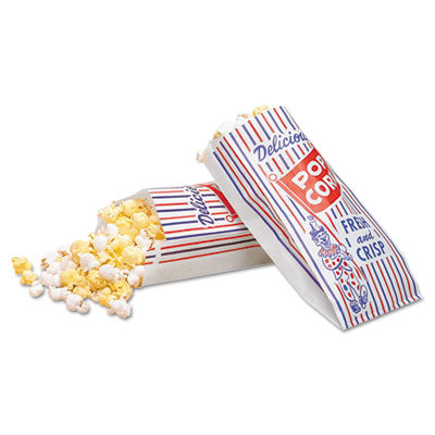 BGC300471 Pinch-Bottom Paper Popcorn Bag, Delicious Popcorn: Circus Clown Icon Labeling, 4" x 1.5" x 8", Red/White/Blue, 1,000/Carton