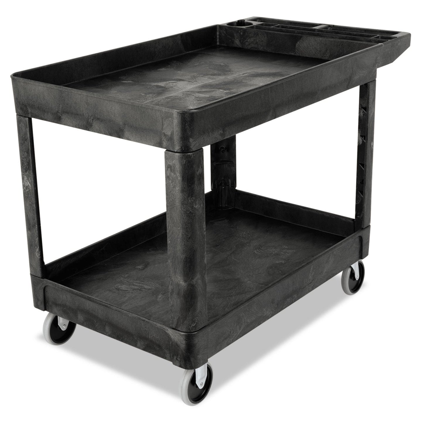 RCP452089BLA Heavy-Duty Utility Cart with Lipped Shelves, Plastic, 2 Shelves, 500 lb Capacity, 25.78" x 45.25" x 33.25", Black RUBBERMAID COMMERCIAL PROD.
