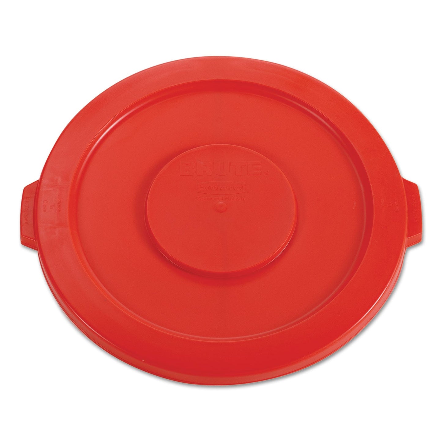 RCP2631RED BRUTE Self-Draining Flat Top Lids for 32 gal Round BRUTE Containers, 22.25" Diameter, Red RUBBERMAID COMMERCIAL PROD.