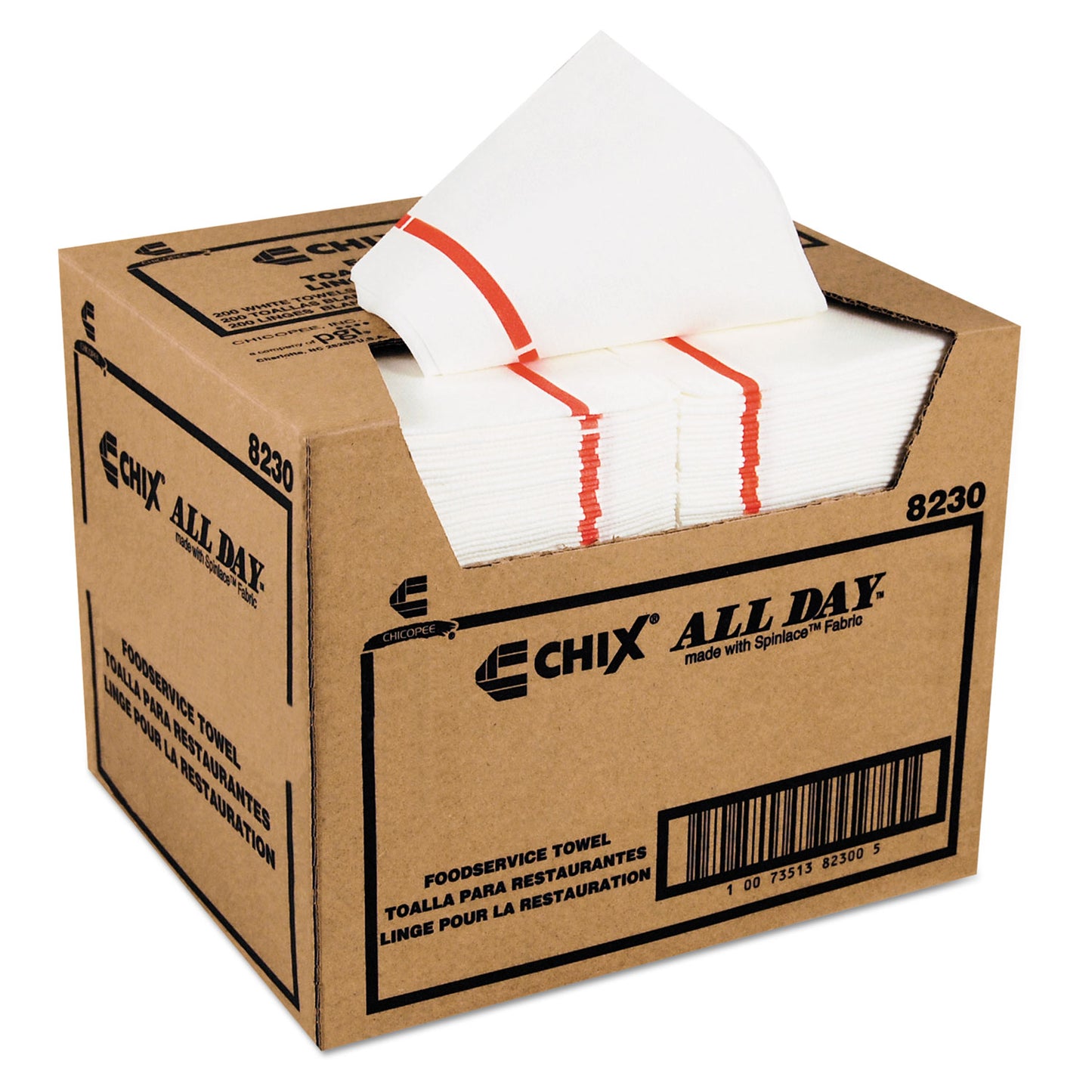 CHI8230 Chicopee All Day Foodservice Towels, 1-Ply, 12.25 x 21, White/Red Stripe, 200/Carton Chix