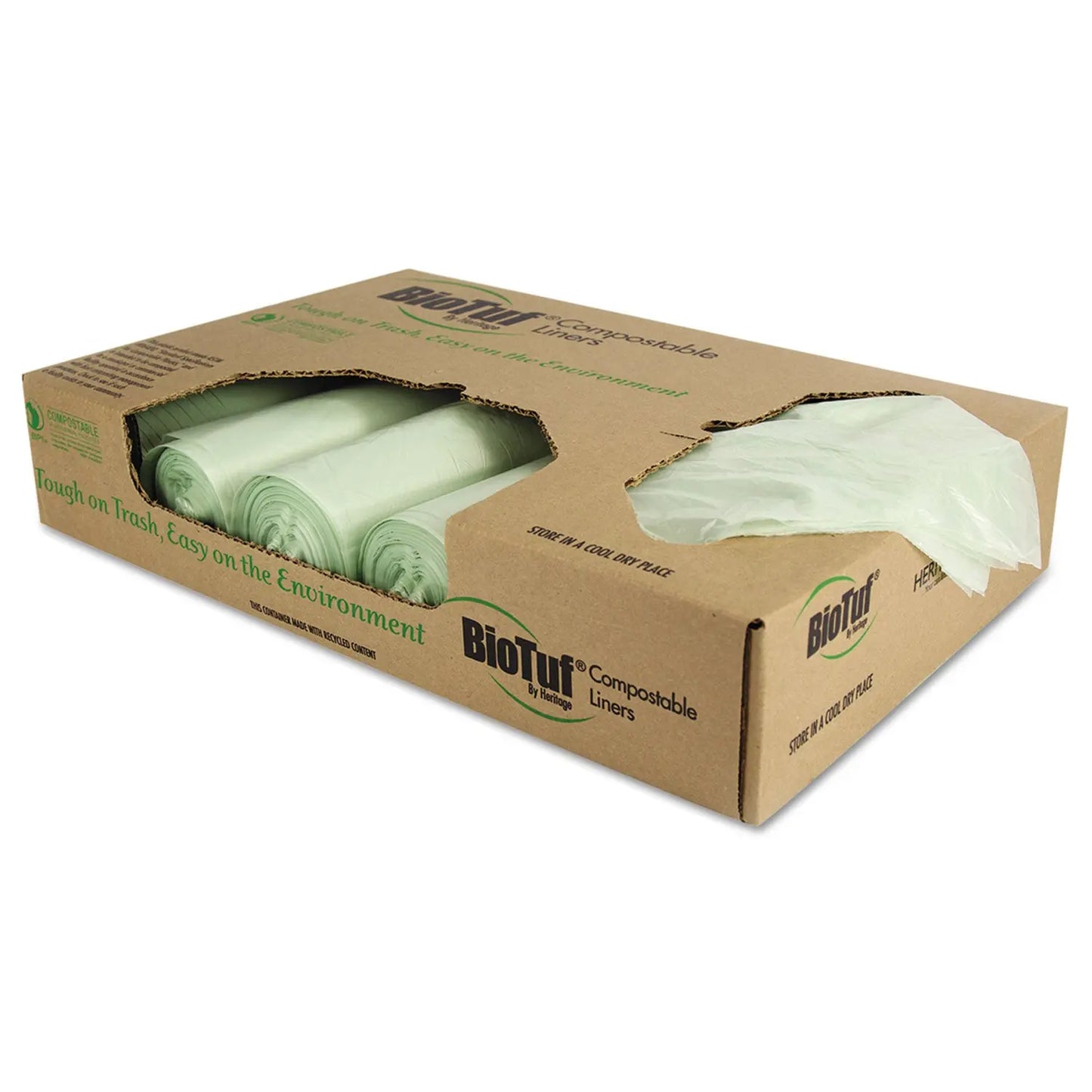 HERY6848YER01 Biotuf Compostable Can Liners, 32 Gal, 1 mil, 34" x 48", Green, 20 Bags/Roll, 5 Rolls/Carton Heritage