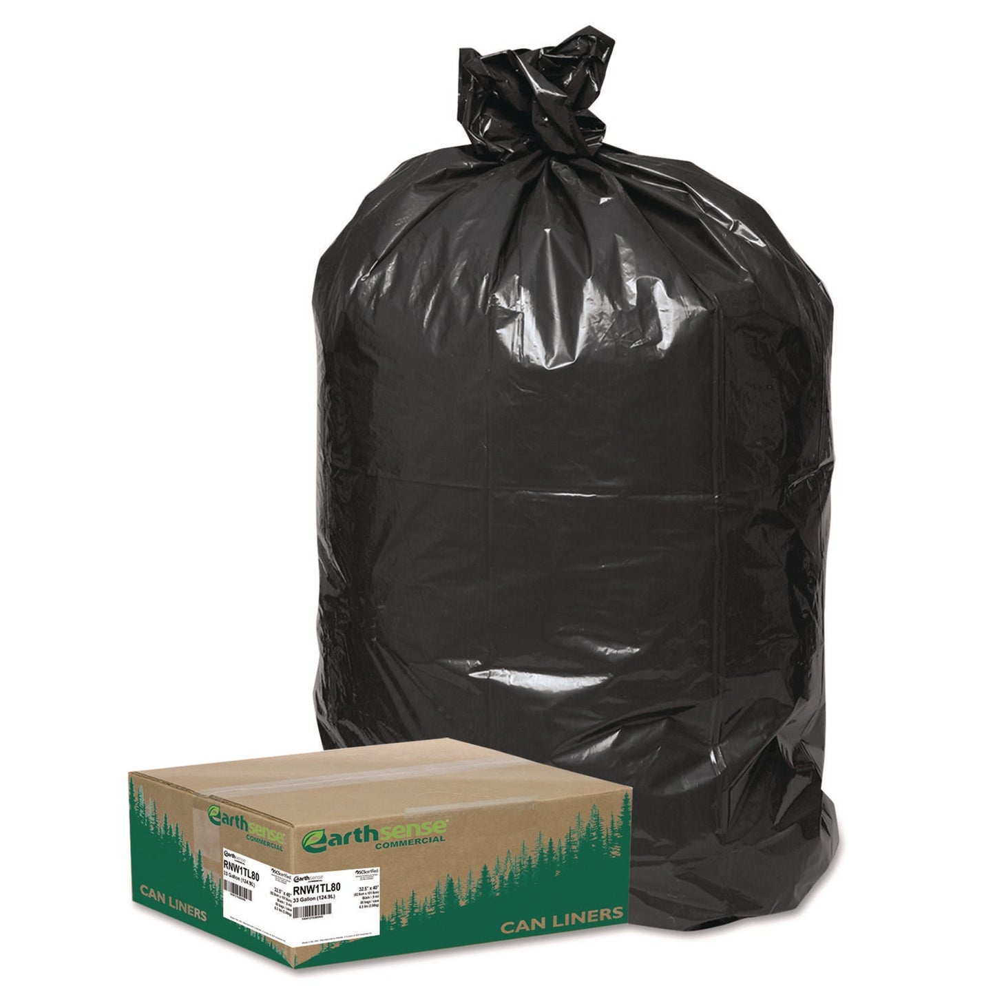 WBIRNW1TL80 Linear Low Density Large Trash and Yard Bags, Open-Face, 33 Gal, 0.9 mil, 32.5" x 40", Black, 80/Carton Earthsense Commercial