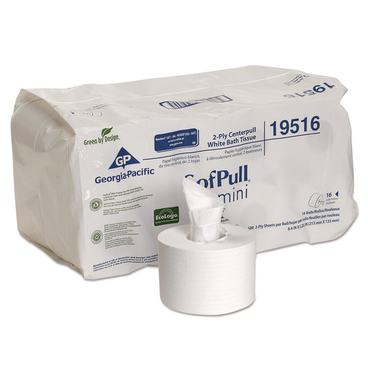 GPC19516 SofPull Mini Centerpull Bath Tissue, Septic Safe, 2-Ply, White, 500 Sheets/Roll, 16 Rolls/Carton