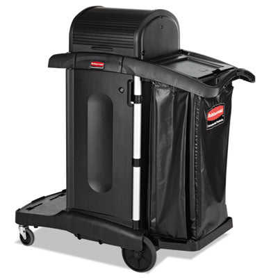 RCP1861427 Executive High Security Janitorial Cleaning Cart, Plastic, 4 Shelves, 1 Bin, 23.1" x 39.6" x 27.5", Black RUBBERMAID COMMERCIAL PROD.