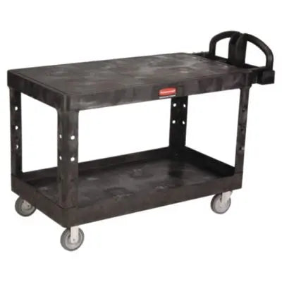 RCP4545BLA Heavy-Duty Utility Cart with Flat Shelves, Plastic, 2 Shelves, 500 lb Capacity, 25.25" x 54" x 36", Black RUBBERMAID COMMERCIAL PROD.