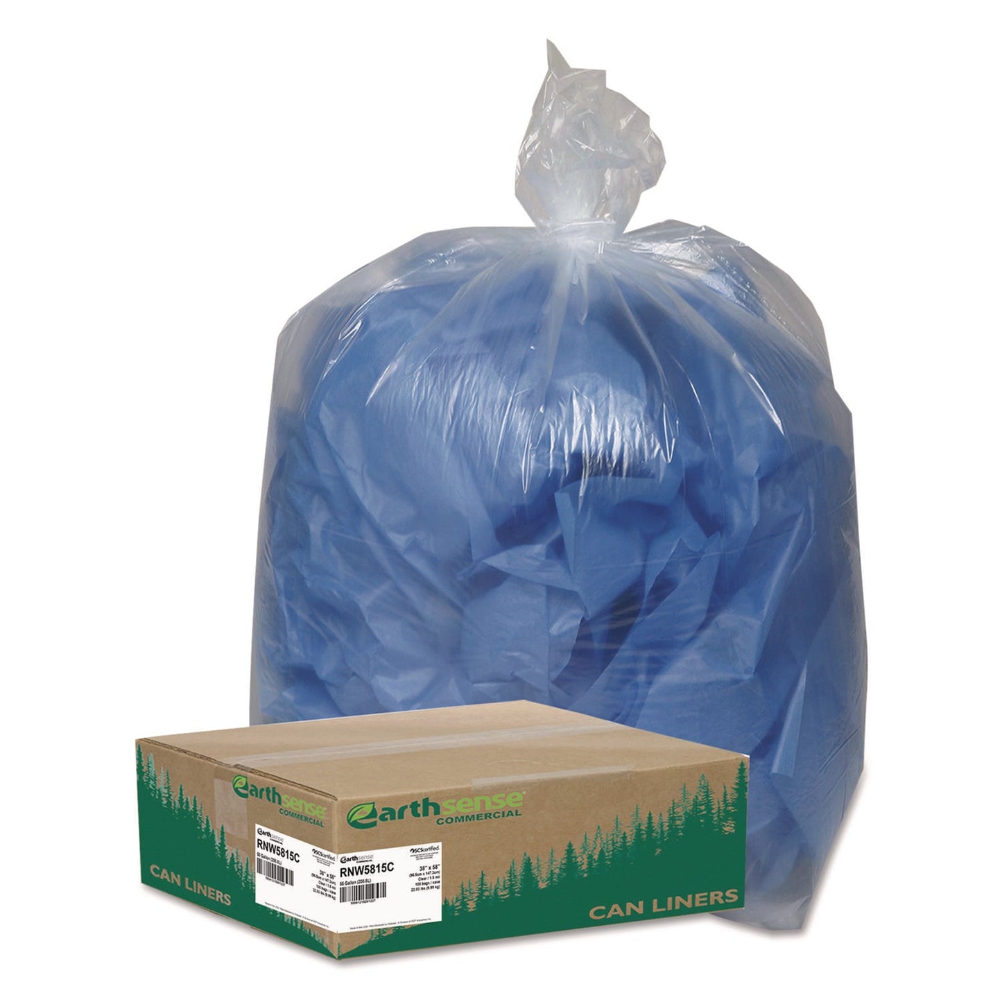 WBIRNW5815C Linear Low Density Clear Recycled Can Liners, 60 Gal, 1.5 mil, 38" x 58", Clear, 10 Bags/Roll, 10 Rolls/Carton Earthsense Commercial