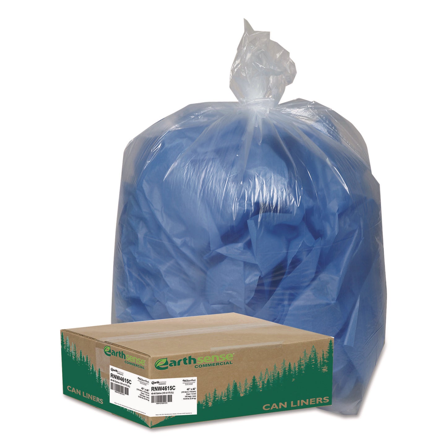 WBIRNW4615C Linear Low Density Clear Recycled Can Liners, 45 gal, 1.5 mil, 40" x 46", Clear, 10 Bags/Roll, 10 Rolls/Carton