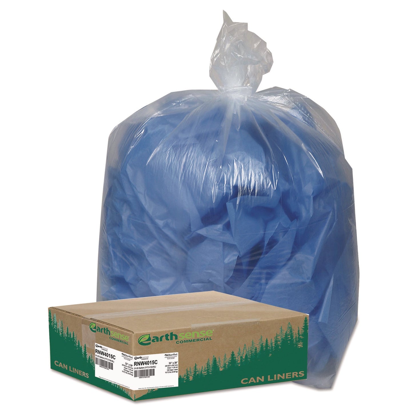 WBIRNW4015C Linear Low Density Clear Recycled Can Liners, 33 Gal, 1.25 mil, 33" x 39", Clear, 10 Bags/Roll, 10 Rolls/Carton Earthsense Commercial