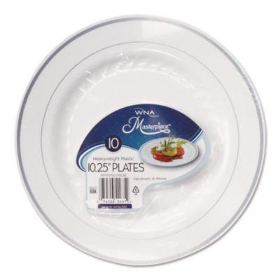 WNARSM101210WS Masterpiece Plastic Plates, 10.25" dia, White/Silver, 10/Pack, 12 Packs/Carton