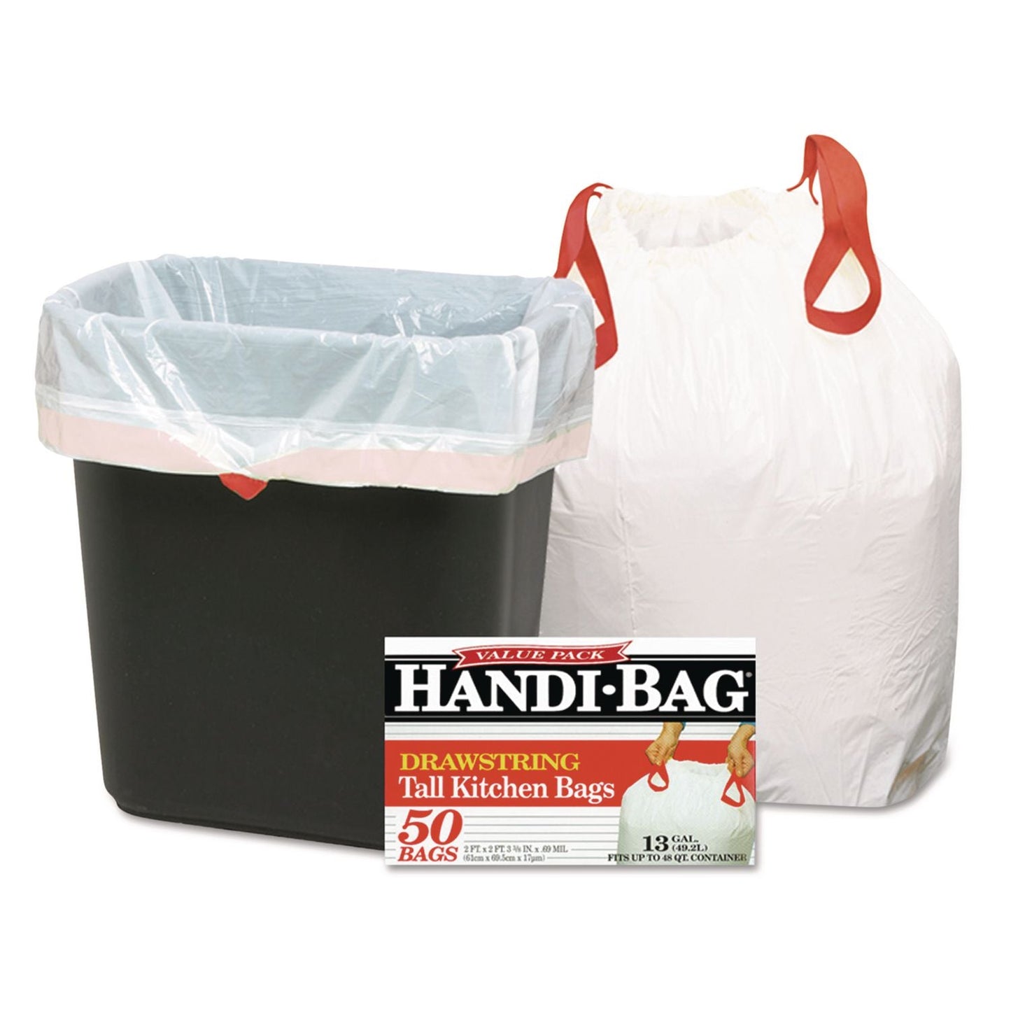 WBIHAB6DK50 Drawstring Kitchen Bags, 13 Gal, 24" x 27.38", White, 50/Box Handi-Bag