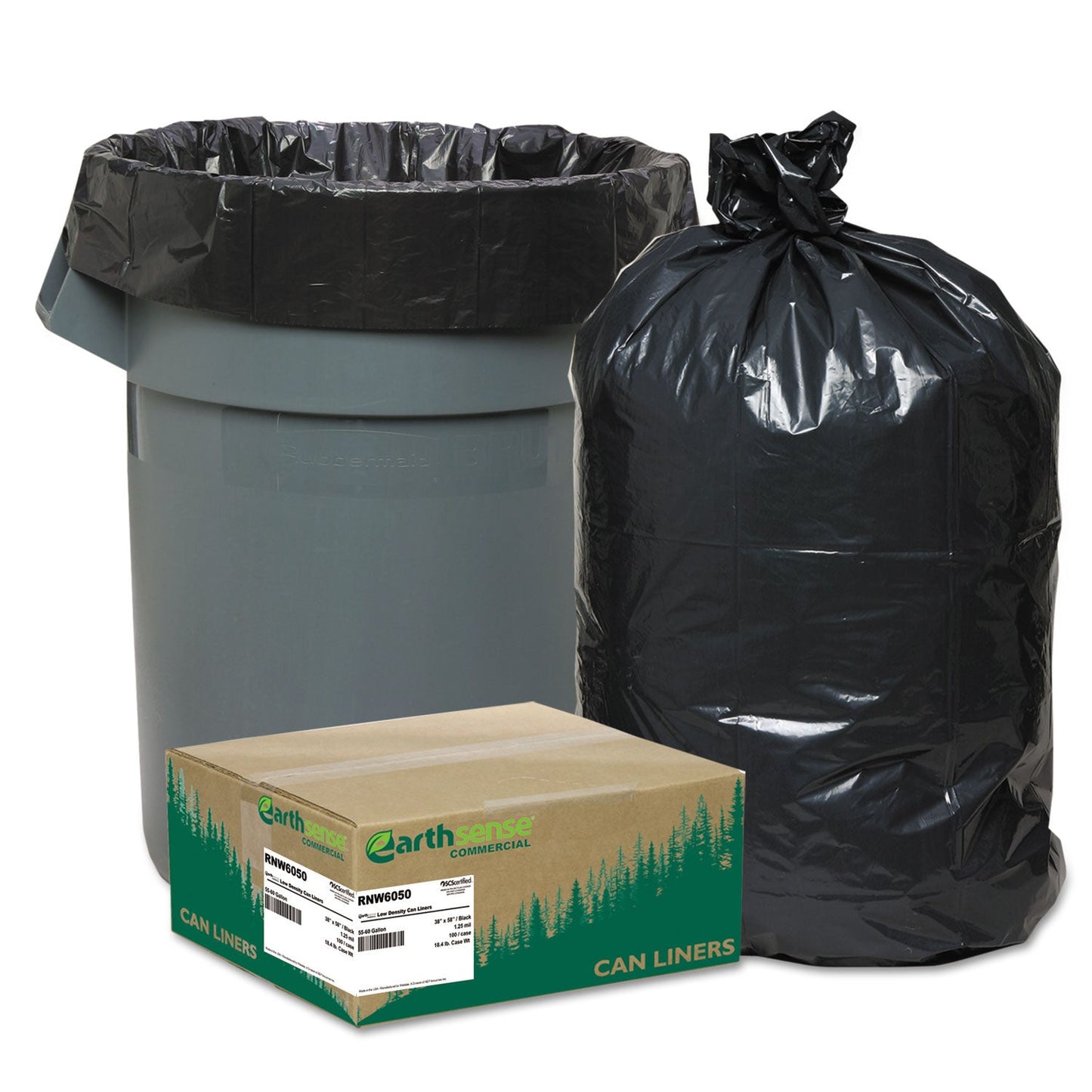 WBIRNW6050 Linear Low Density Recycled Can Liners, 60 gal, 1.25 mil, 38" x 58", Black, 10 Bags/Roll, 10 Rolls/Carton Earthsense Commercial