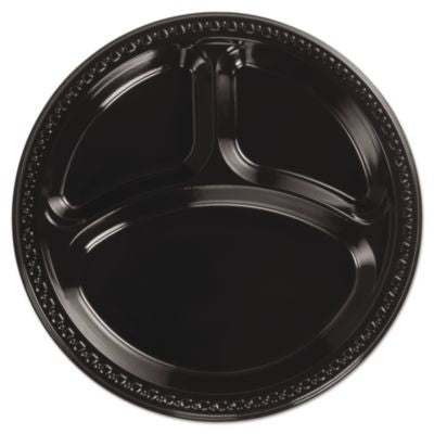 HUH81430 Heavyweight Plastic 3-Compartment Plates, 10.25" dia, Black, 125/Pack, 4 Packs/Carton HUHTAMAKI