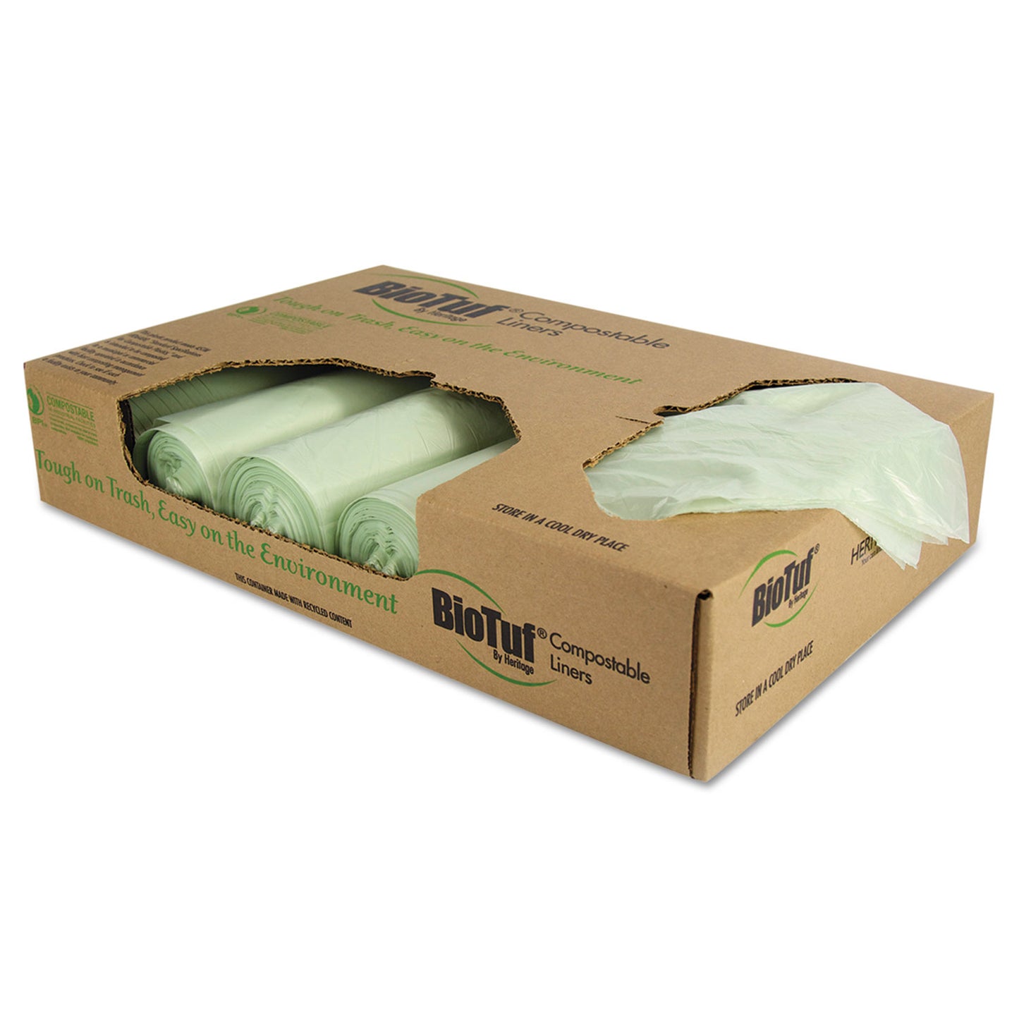 HERY8448YER01 Biotuf Compostable Can Liners, 48 gal, 1 mil, 42" x 48", Green, 20 Bags/Roll, 5 Rolls/Carton Heritage