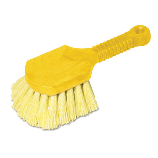 RCP9B29CT Long Handle Scrub, Yellow Synthetic Bristles, 8" Brush, 8" Gray Plastic Handle