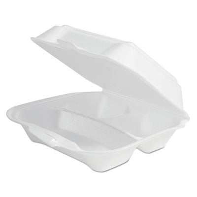 PST12039 Foam Hinged Lid Container Secure One Tab Latch, 3 Compartments, 7.81 x 8.75 x 3.38, White, 100/Sleeve, 2 Sleeves/Bag PLASTIFAR SA