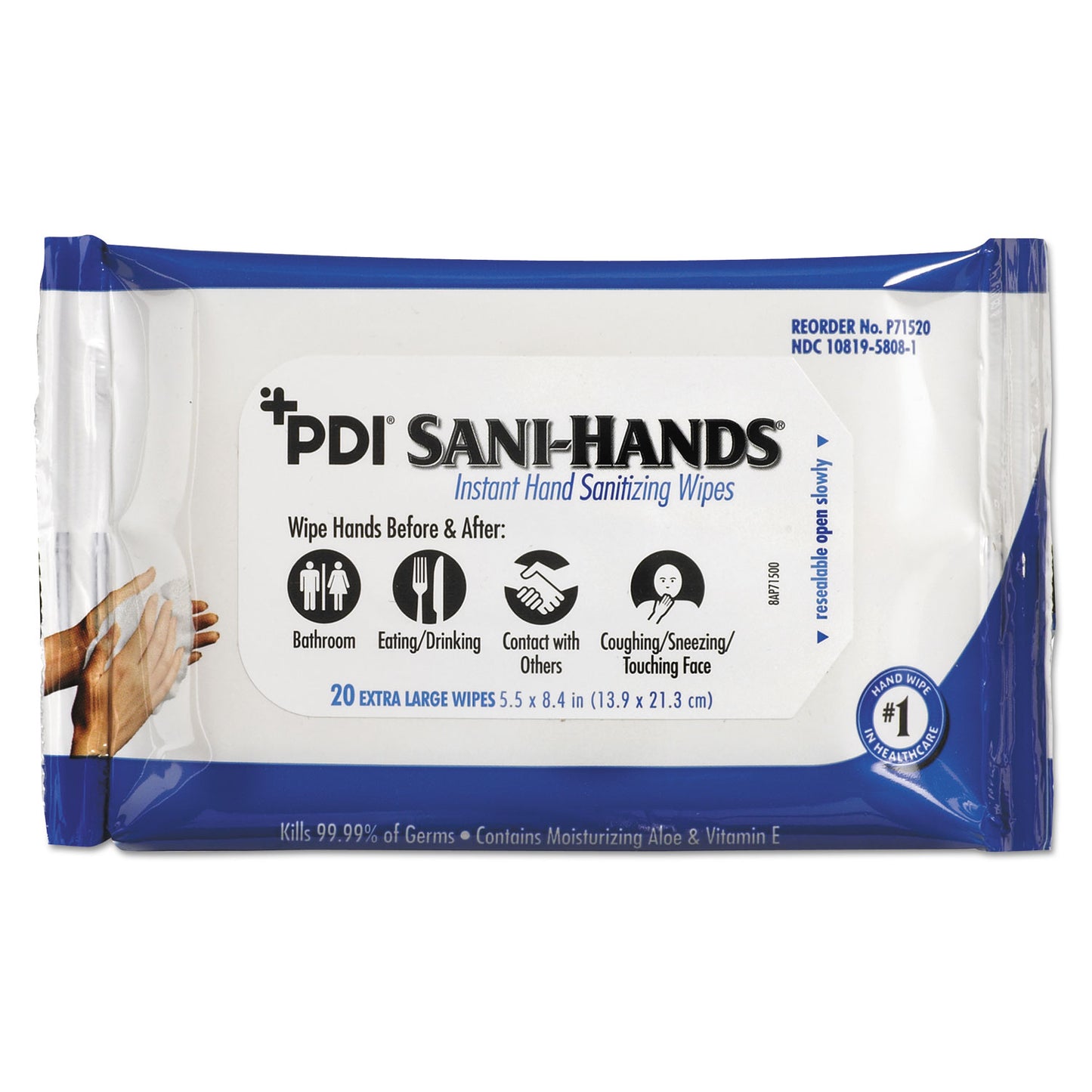NICP71520 PDI Sani-Hands Instant Hand Sanitizing Wipes, 1-Ply, 5.5 x 8.4, White, 20/Pack, 48 Packs/Carton