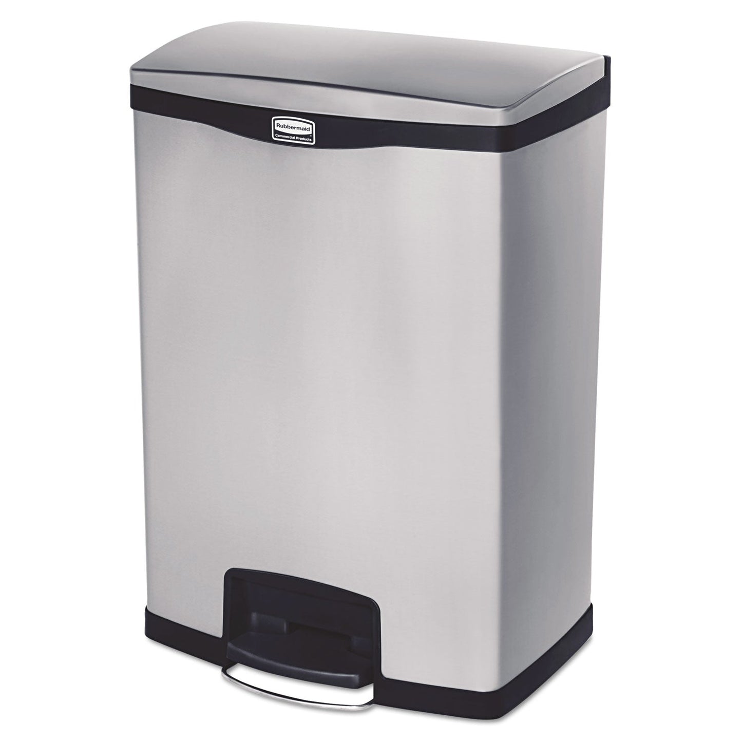 RCP1901999 Slim Jim Stainless Steel Step-On Container, Front Step Style, 24 gal, Stainless Steel, Black RUBBERMAID COMMERCIAL PROD.