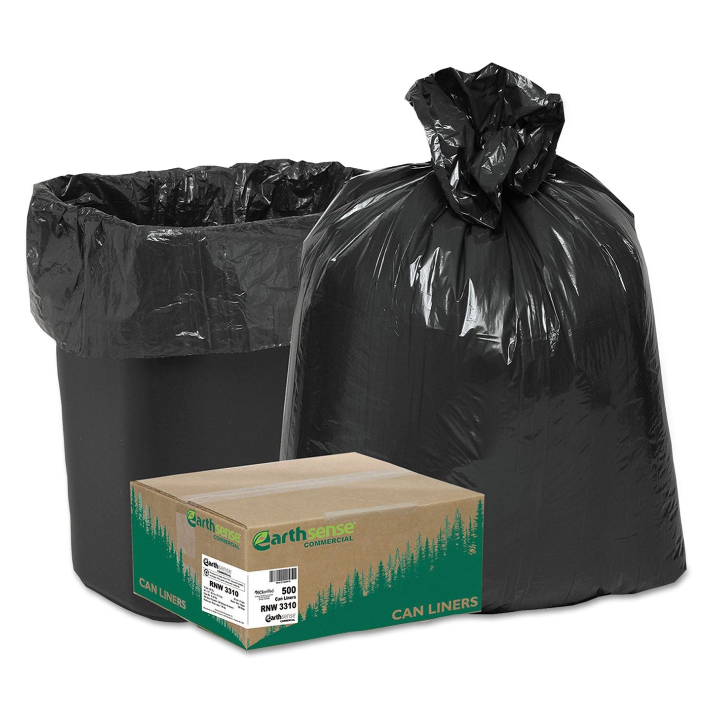 WBIRNW3310 Linear Low Density Recycled Can Liners, 16 gal, 0.85 mil, 24" x 33", Black, 25 Bags/Roll, 20 Rolls/Carton Earthsense Commercial