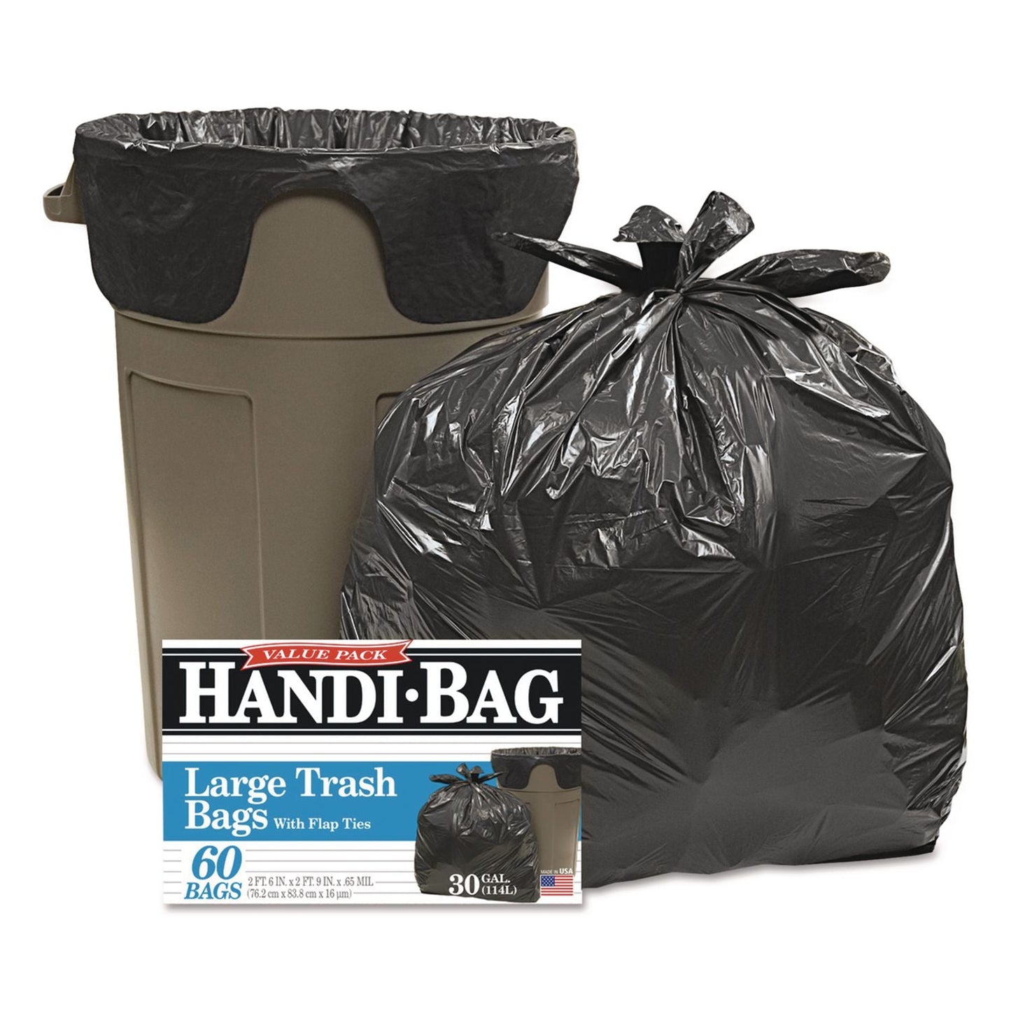 WBIHAB6FT60 Super Value Pack Can Liners, 30 gal, 0.65 mil, 30" x 33", Black, 60/Box Handi-Bag