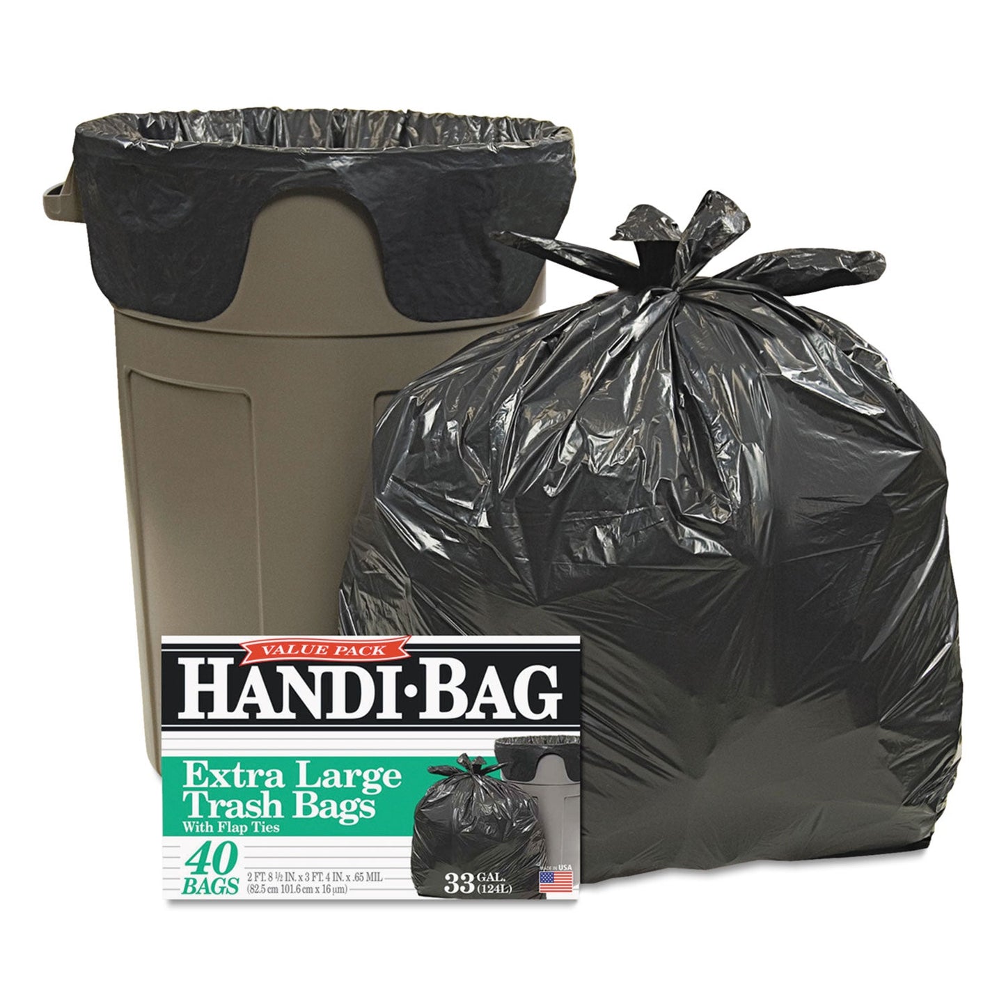 WBIHAB6FTL40 Super Value Pack Can Liners, 33 Gal, 0.65 mil, 32.5" x 40", Black, 40/Box Handi-Bag