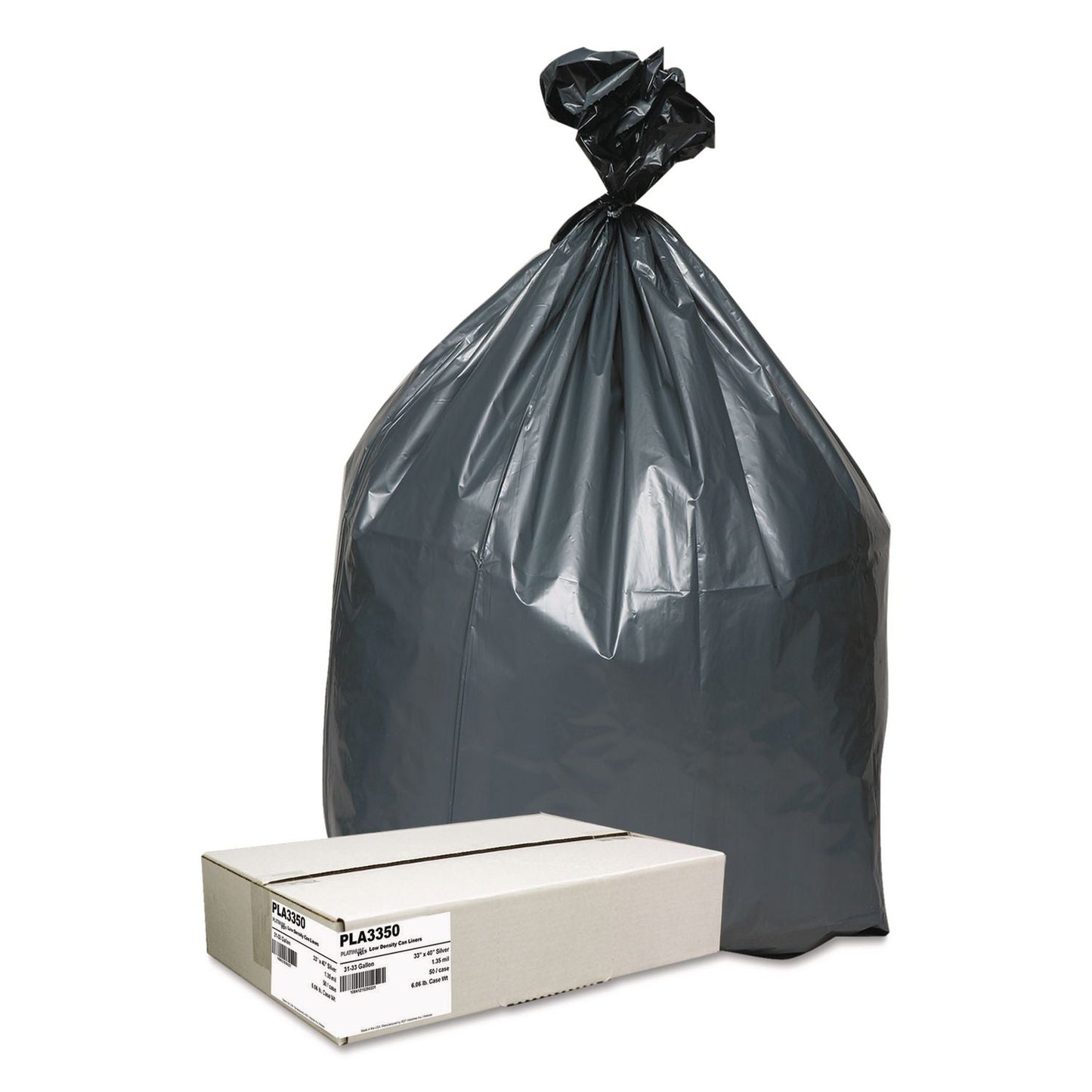 WBIPLA3350 Can Liners, 33 Gal, 1.35 mil, 33" x 40", Gray, 10 Bags/Roll, 5 Rolls/Carton Platinum Plus