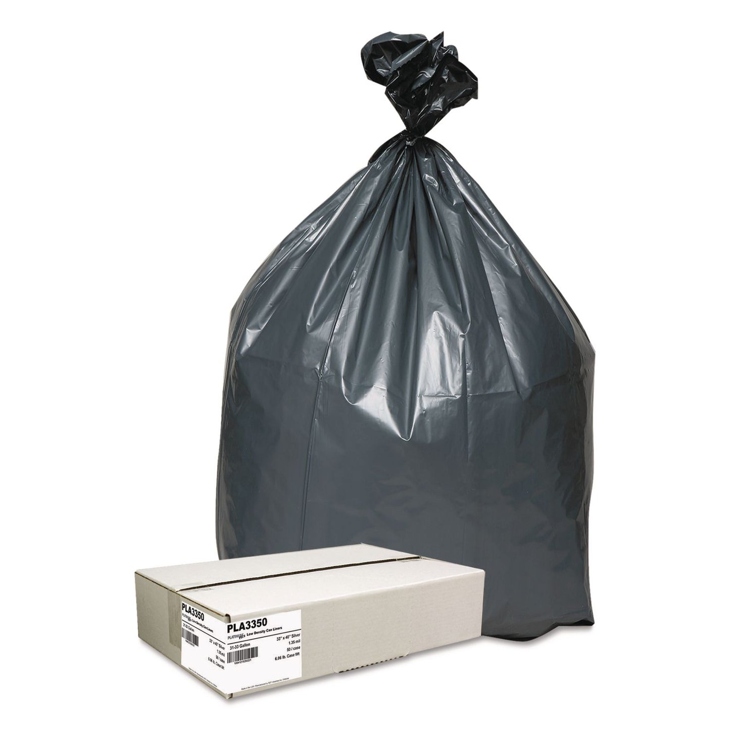 WBIPLA3350 Can Liners, 33 gal, 1.35 mil, 33" x 40", Gray, 10 Bags/Roll, 5 Rolls/Carton