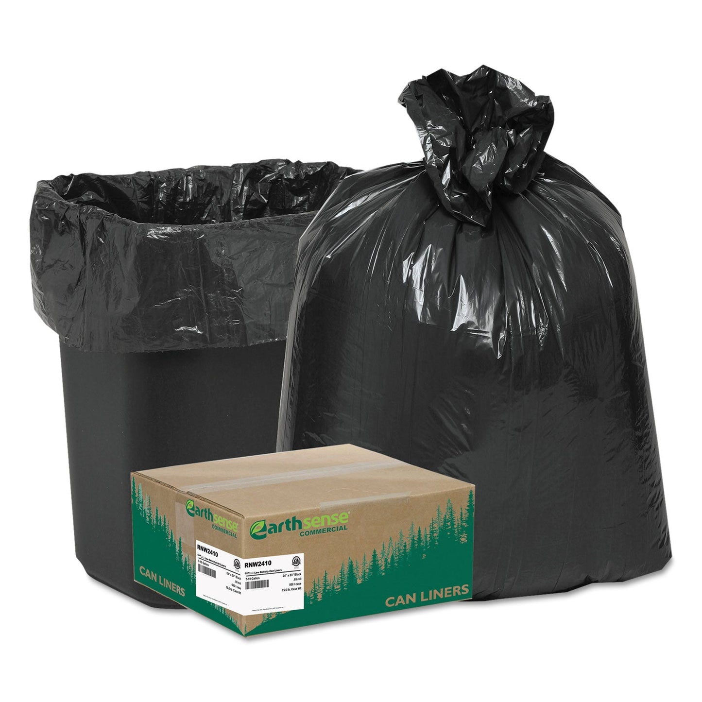 WBIRNW2410 Linear Low Density Recycled Can Liners, 10 gal, 0.85 mil, 24" x 23", Black, 25 Bags/Roll, 20 Rolls/Carton Earthsense Commercial