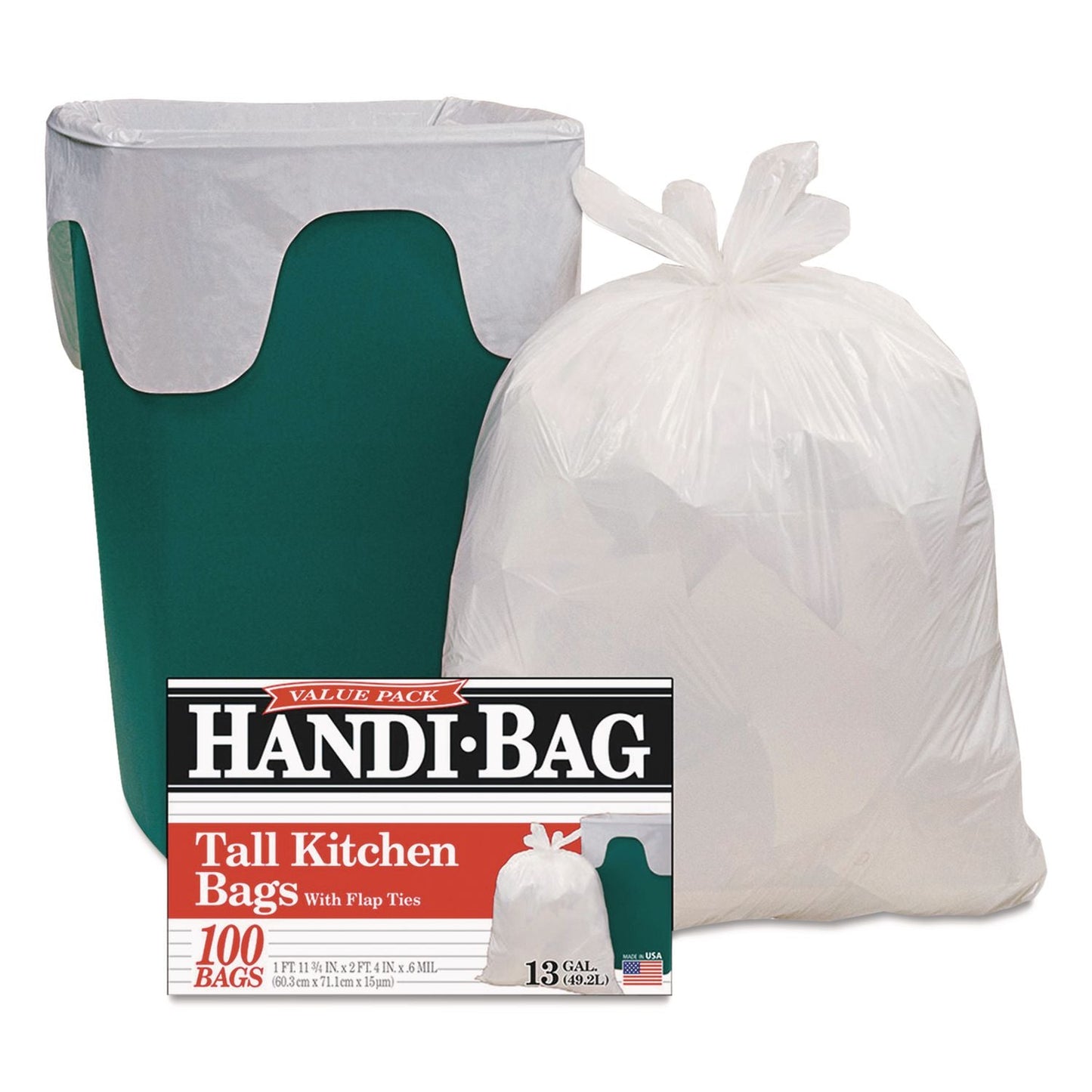 WBIHAB6FK100 Super Value Pack Can Liners, 13 gal, 0.6 mil, 23.75" x 28", White, 100/Box Handi-Bag